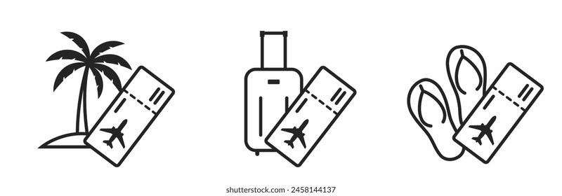 summer vacation line icons. palm tree, flip flops, luggage and flight ticket. travel and journey symbols. isolated vector images for tourism design