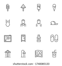 Summer vacation line icons set, outline vector symbol collection, linear style pictogram pack. Signs, logo illustration. Set includes icons as ice cream, swimsuit, swimming pool, sunscreen, shower