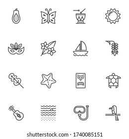 Summer vacation line icons set, outline vector symbol collection, linear style pictogram pack. Signs, logo illustration. Set includes icons as sun, flowers, fruits, animals, boat, starfish, sea waves