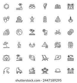 Summer vacation line icons set. linear style symbols collection, outline signs pack. Summertime vector graphics. Set includes icons as beach party, swimming pool, ice cream, surfing, water park, sun