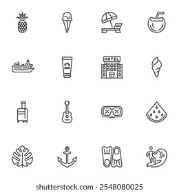 Conjunto de iconos de línea de vacaciones de verano, colección de símbolos de Vector de contorno, paquete de pictogramas de estilo lineal. Señales, ilustración del logotipo. El conjunto incluye iconos como viaje de crucero, hotel, sandía, piña, surf