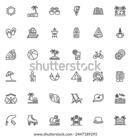Summer vacation line icons set. linear style symbols collection, outline signs pack. Summertime vector graphics. Set includes icons as beach party, swimming pool, ice cream, surfing, water park, sun