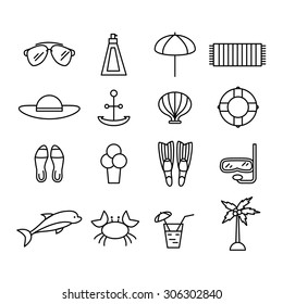 Summer Vacation Line Icons. Vector Illustration. Diving Symbols. Beach Leisure Sport. Sea animals, Crab and Dolphin. 