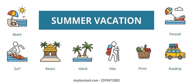 Summer Vacation Lineal Color Banner Web Icon Set Vector Illustration