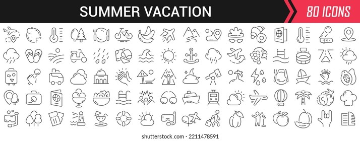Iconos lineales de vacaciones de verano en negro. Gran colección de iconos de la interfaz de usuario en un diseño plano. Paquete de signos de contorno delgado. Gran conjunto de iconos para el diseño