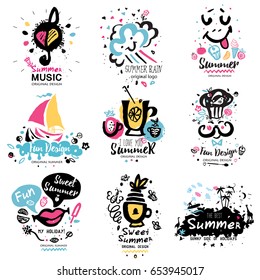 Summer vacation logo. Summer adventure, weekend tour, sweets design elements. Hand drawn elements for summer logo