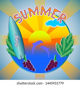 Summer vacation logo or emblem with leaves and berries, sea, dolphins and surfing, sun rays EPS10