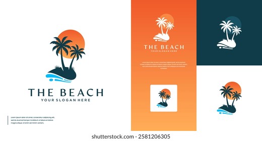 Summer vacation logo with island and palm tree concept, design graphic template.