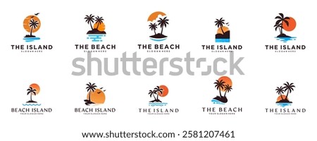 summer vacation logo set, tropical island and palm trees, relaxation, design vector template.