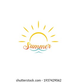 Summer Vacation Logo. Sun With Sea Wave, Lettering Of Summer, Cartoon Silhouette Style. Vector Illustration.