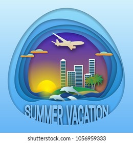 Summer vacation logo template. Sunset with resort town, palm trees, aircraft in the sky, dolphins in sea. Tourist label illustration in paper cut style.