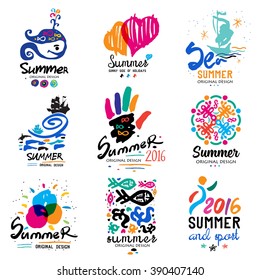 Summer vacation logo. Tropical Paradise, weekend tour, beach vacation design elements. Adventure, sightseeing labels. Hand drawn elements for summer logo