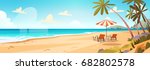 Summer Vacation Loungers On Sea Beach Landscape Beautiful Seascape Banner Seaside Holiday Vector Illustration