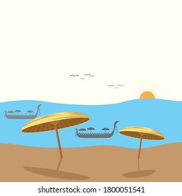 Summer Vacation Loungers On Sea Beach Landscape. Umbrella, Sea Boat Racing. Seaside Holiday Vector Illustration. summer holidays vector illustration