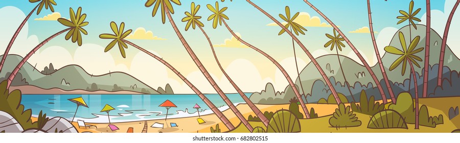 Summer Vacation Loungers On Sea Beach Landscape Beautiful Seascape Banner Seaside Holiday Vector Illustration