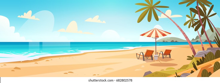 Summer Vacation Loungers On Sea Beach Landscape Beautiful Seascape Banner Seaside Holiday Vector Illustration - Shutterstock ID 682802578