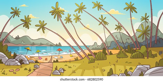 Summer Vacation Loungers On Sea Beach Landscape Beautiful Seascape Banner Seaside Holiday Vector Illustration