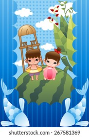 Summer Vacation - lovely girl and cute boy have fun with rubber ring and pink beach ball in country on bright blue background of sky and white clouds with dot and stripe pattern : vector illustration