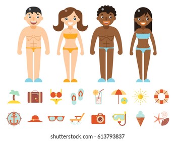 Summer vacation male female characters color beach resort accessorize vector symbols icon flat design template illustration