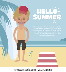 Summer vacation. Man with cap and red skin relaxing on the beach with cocktail. Holiday concept - vector illustration
