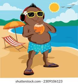 Summer Vacation: A man enjoying a holiday vacation at the topical beach. vector illustration 