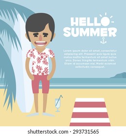 Summer vacation. Man with Hawaiian shirt relaxing on the beach with cocktail. Holiday concept - vector illustration