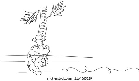 Summer vacation man vector  Relaxing man logo  sketch drawing man sitting beach under coconut tree wearing hat   casual wear