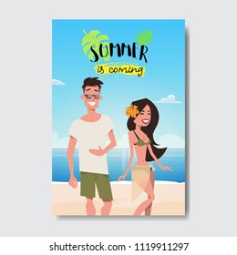 summer vacation man woman couple relax beach badge Design Label. Season Holidays lettering for logo,Templates, invitation, greeting card, prints and posters. vector illustration