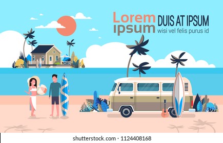 Summer vacation man woman surf bus sunrise tropical beach retro surfing vintage villa island horizontal copy space template poster flat vector illustration