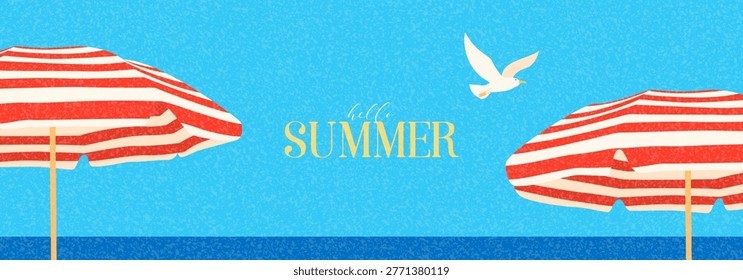Summer Vacation Minimal Background Concept. Colorful flat vector background with striped red and white beach umbrellas and seagull on background of blue sky and sea. Summer vacation and travel design.