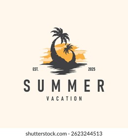 summer vacation with minimalist beach summer logo concept with palm tree and ocean logo concept illustration symbol template
