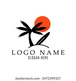 summer vacation minimalist logo at the beach with palm tree and surf board