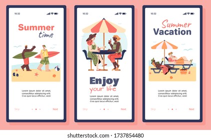 Summer vacation mobile app set on smartphone screen with cartoon people