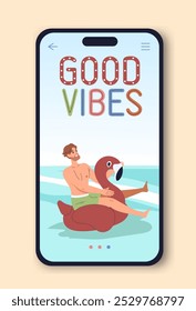 Aplicación móvil de vacaciones de verano. Hombre en el mar o el océano. Festiva y vacaciones en países tropicales. Cartel o Anuncio para el Sitio web. Ilustración vectorial plana aislada sobre fondo beige