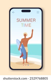 Aplicativo móvel de férias de verão. Homem com prancha de surfe na praia. Férias em países tropicais. Modelo e layout. Ilustração de vetor plano isolada no plano de fundo bege