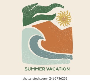 Summer vacation modern abstract art. Beach wave print design  for t shirt print, poster, sticker, background, men, women, kids and other uses. 