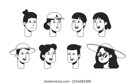 Summer vacation monochrome flat linear character heads bundle. Asian tourist. Holiday maker. Editable outline people icons. Line users faces. 2D cartoon spot vector avatar illustration pack