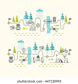 Summer vacation in nature. Hiking trail. Vector concept illustrations with icons of camping and travel.