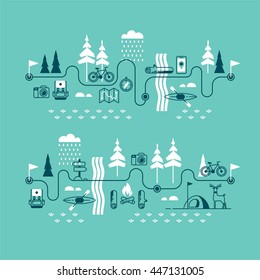 Summer vacation in nature. Hiking trail. Vector concept illustrations with icons of camping and travel.