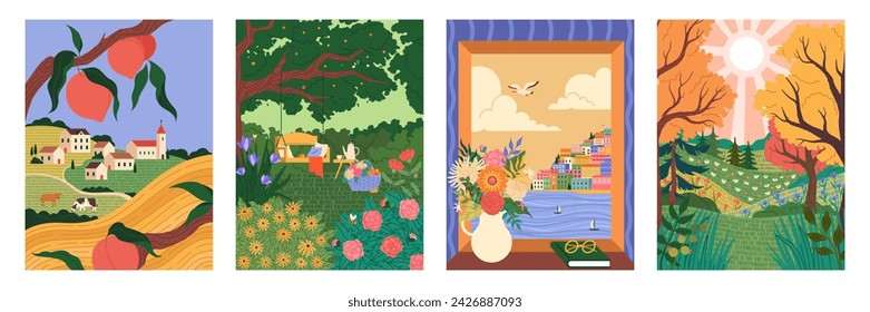 Summer vacation. Nature landscape. Forest trees. Wheat field. Countryside scenery. Fruits on branch. Home window. Spring garden flowers. City buildings. Autumn hills. Vector panorama backgrounds set