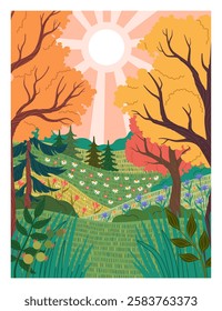 Summer vacation. Nature landscape. Forest tree branches. Hill meadow. Autumn leaves. Natural panorama. Scenic scenery. Flowers field. Sun rays. Fall season card. Vector autumnal poster color drawing