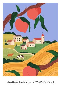 Summer vacation. Nature landscape. Village building. Tree branches with fruits. Farm fields. Rural houses and church on hills. Natural panorama. Scenic scenery. Vector summertime poster color drawing