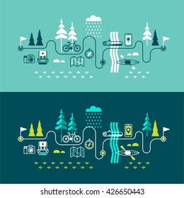 Summer vacation in nature. Vector concept illustrations with icons of travel and holiday.