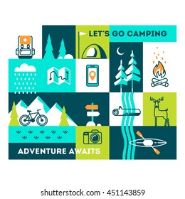 Summer vacation in nature. Vector concept illustrations with icons of travel and holiday.
Motivational text "Let's go camping. Adventure awaits"