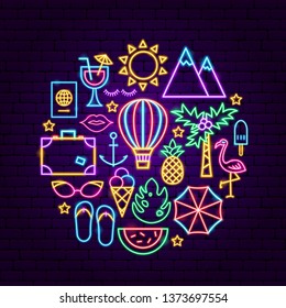 Summer Vacation Neon Concept. Vector Illustration of Travel Promotion.
