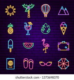 Summer Vacation Neon Icons. Vector Illustration Of Travel Promotion.