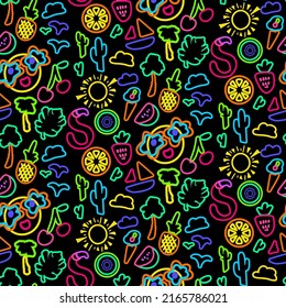 Summer vacation neon style seamless pattern vector. Multicolored flamingo bird and smile emoticon with sunglasses, cactus and tree plant leaf, orange and cherry. Flat cartoon illustration