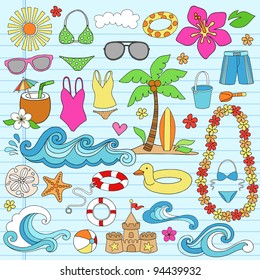 Summer Vacation Notebook Doodle Design Elements Set on Blue Lined Sketchbook Paper Background- Vector Illustration