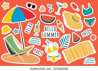 Summer vacation object set. swimwear, coctails, isecream, beach umbrella and chair, watermelon and sunglasses in flat style isolated on white background. Vector illustration, clipart, cartoon.