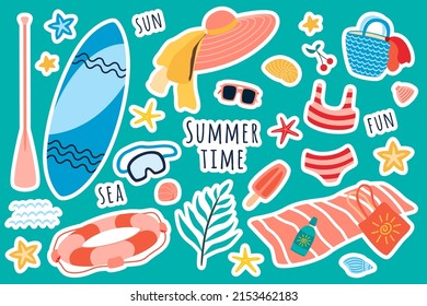 Summer Vacation Object Set. Swimwear, Lifebuoy, Isecream, Women's Summer Straw Wide-brim Hat And Sunglasses In Flat Style Isolated On White Background. Vector Illustration, Clipart, Cartoon.